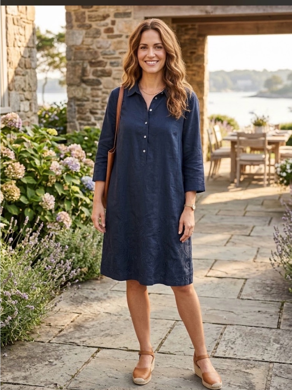 J.Jill linen front embroidered Dress back is soft knit Sz plus 3X Navy Blue